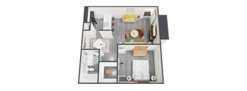 a bedroom with a bed and a chair in a room