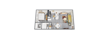 a bedroom with a bed and a chair in a room