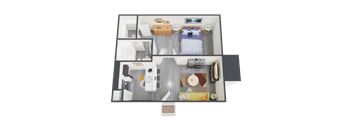 a bedroom with a bed and a chair in a room