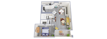 a stylized floor plan of a 1 bedroom apartment