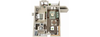 A 3D floor plan of a house with a living room, dining room, kitchen, and bathroom.