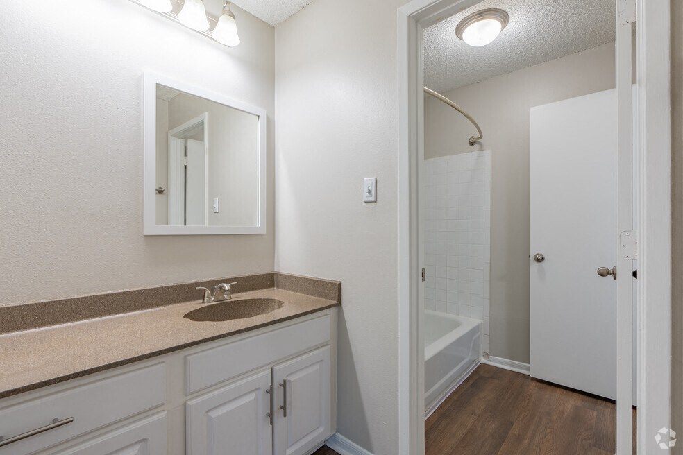 a bathroom with a sink and a shower and a mirror