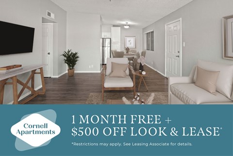 A living room with a couch, chair, and a television advertising a free month and $500 off.