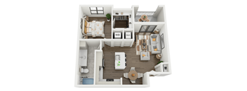 A top-down view of a small apartment with a kitchen, living room, and bathroom.