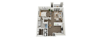 A top-down view of a small apartment with a living room, kitchen, and bathroom.
