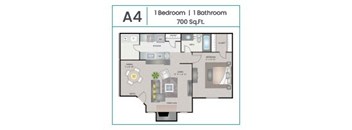 A floor plan of a 700 sq.ft apartment with one bedroom and one bathroom.