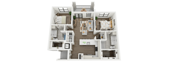 A top-down view of a modern apartment layout with a kitchen, living room, and two bedrooms.