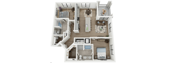 A top-down view of a modern apartment layout with a kitchen, living room, and bedrooms.