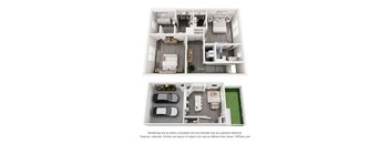 A 3D floor plan of a house with a garage and a green lawn.