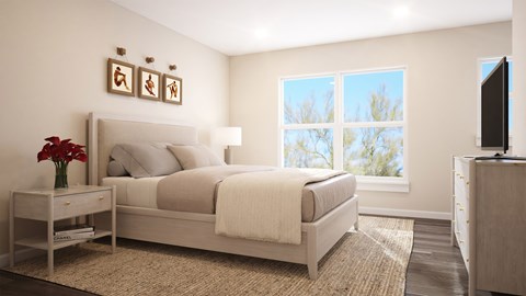 A bedroom with a large bed, a nightstand, and a window.