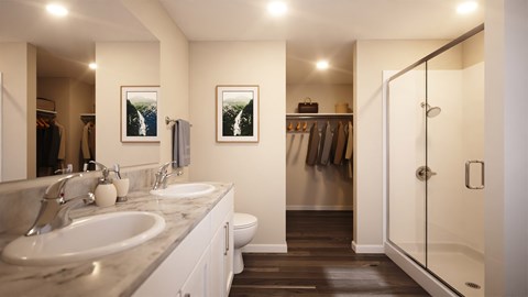 A bathroom with a white vanity and a walk in shower.