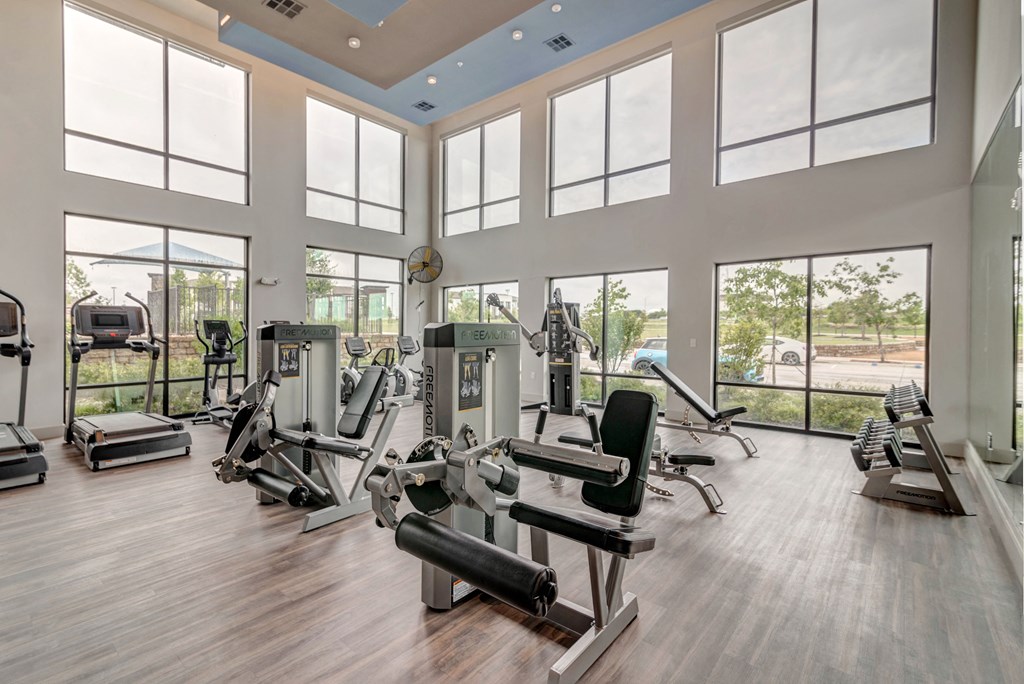 the gym has plenty of cardio equipment and large windows