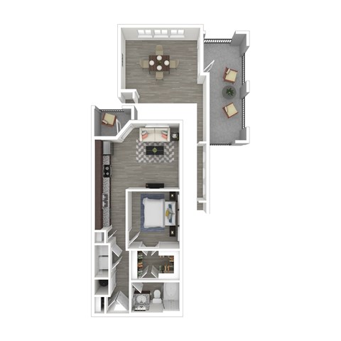 A 3D floor plan of a house with a kitchen, living room, and bathroom.