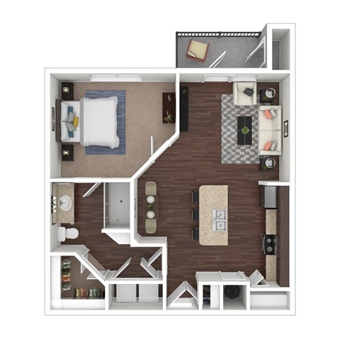 A top-down view of a small apartment with a kitchen, living room, and bedroom.