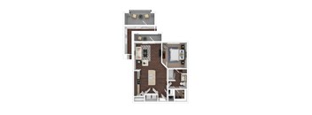 A 3D floor plan of a small apartment with a kitchen, living room, and bathroom.