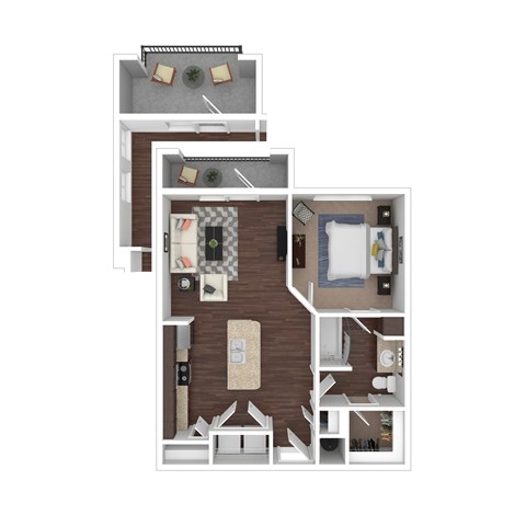A 3D floor plan of a small apartment with a kitchen, living room, and bathroom.