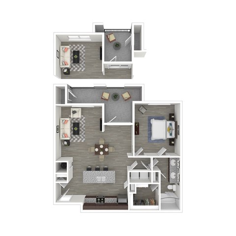 A top-down view of a small apartment with a living room, kitchen, and bedroom.