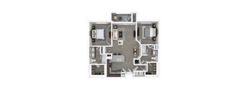 A top-down view of a house layout with a kitchen, living room, and bedrooms.