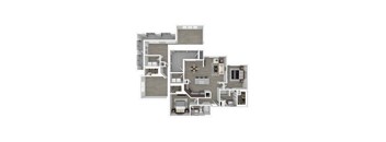 A 3D floor plan of a house with multiple rooms and furniture.