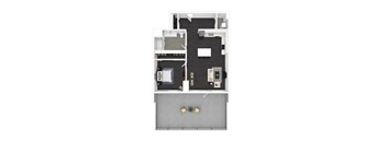 A top down view of a small apartment with a bed, desk, and a chair.