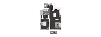 A floor plan of a house with a kitchen, living room, and bathroom.