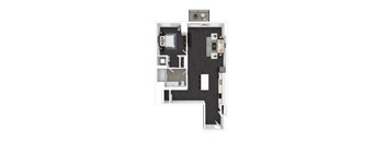 A floor plan of a small apartment with a kitchen, living room, and bathroom.