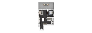 A floor plan of a small apartment with a kitchen, living room, and two bedrooms.