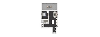 A top-down view of a small apartment with a kitchen, living room, and bathroom.