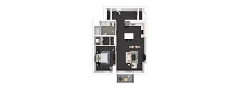 A floor plan of a small apartment with a kitchen, living room, and bathroom.