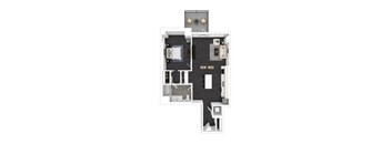 A floor plan of a small apartment with a kitchen, living room, and bedroom.