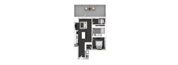 A top-down view of a small apartment layout with a kitchen, living room, and bedroom.