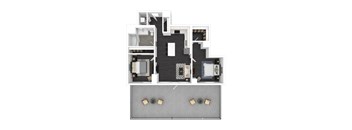 A top-down view of a modern house layout with a living room, kitchen, and two bedrooms.