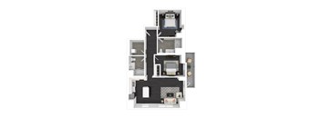 A top-down view of a small apartment with a kitchen, living room, and bedroom.