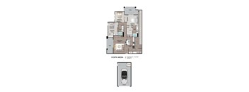 A floor plan of a Costa Mesa apartment with a garage.