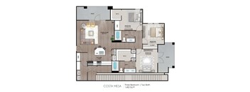 A floor plan of a three bedroom, two bathroom Costa Mesa apartment.