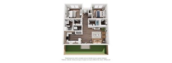 A 3D floor plan of a house with a kitchen, living room, and two bedrooms.