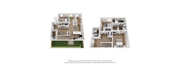 Two images of a house layout with a kitchen, living room, and bedrooms.
