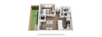 A 3D floor plan of a house with a kitchen, living room, and bathroom.