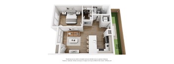A 3D floor plan of a house with a kitchen, living room, and bathroom.