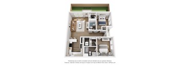 A 3D floor plan of a small apartment with a kitchen, living room, and bathroom.