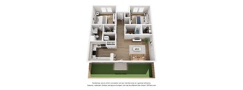A 3D floor plan of a house with a kitchen, living room, and two bedrooms.