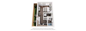 A 3D floor plan of a small apartment with a kitchen, living room, and bathroom.