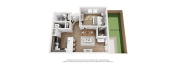 A 3D floor plan of a house with a kitchen, living room, and bathroom.