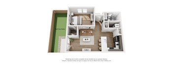 A 3D floor plan of a house with a kitchen, living room, and bathroom.