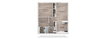 A floor plan of a house with two bedrooms, a living room, a kitchen, and a bathroom.