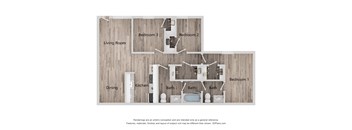 A floor plan of a house with three bedrooms and a kitchen.