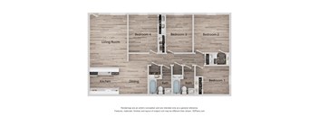 A floor plan of a house with a living room, kitchen, dining area, and four bedrooms.