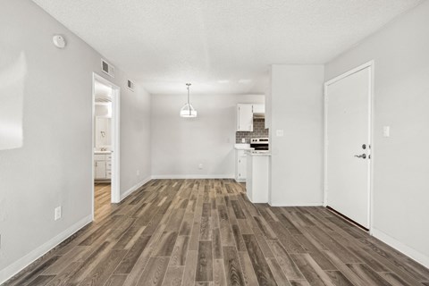 the living room and kitchen of our studio apartment atrium