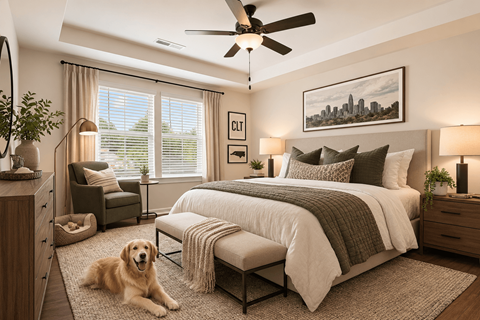 A dog is sitting on a rug in a bedroom with a bed, nightstand, and window.