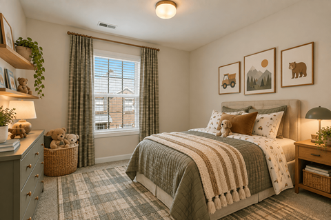 A cozy bedroom with a large bed and a window with curtains.
